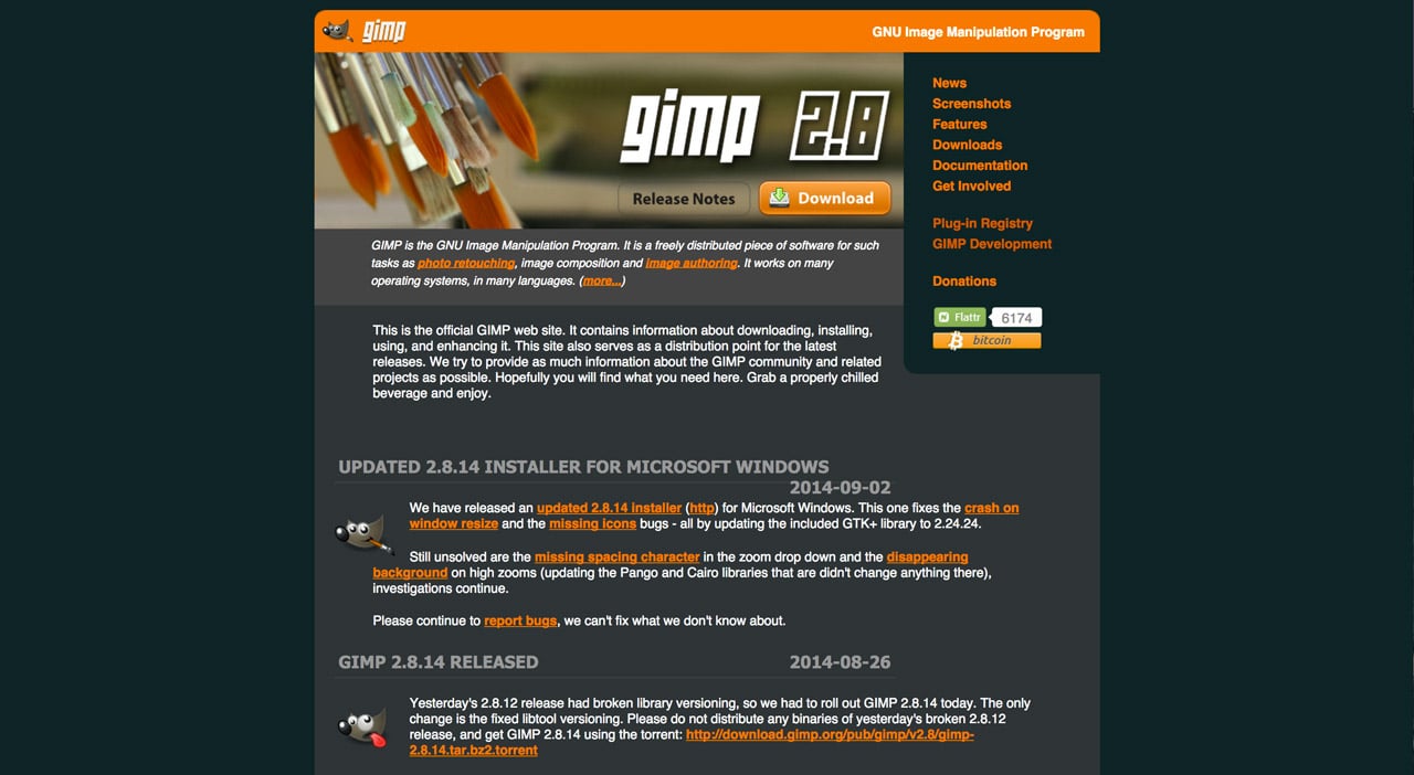 screenshot of gimp website