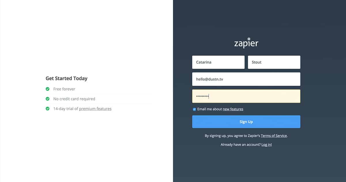 Signup page for Zapier