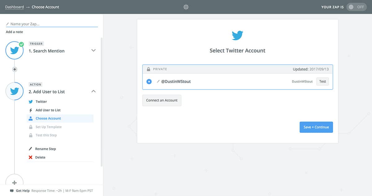 Select Twitter action account