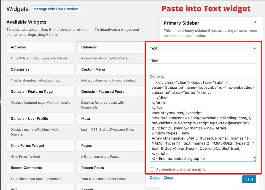 paste into wordpress text widget