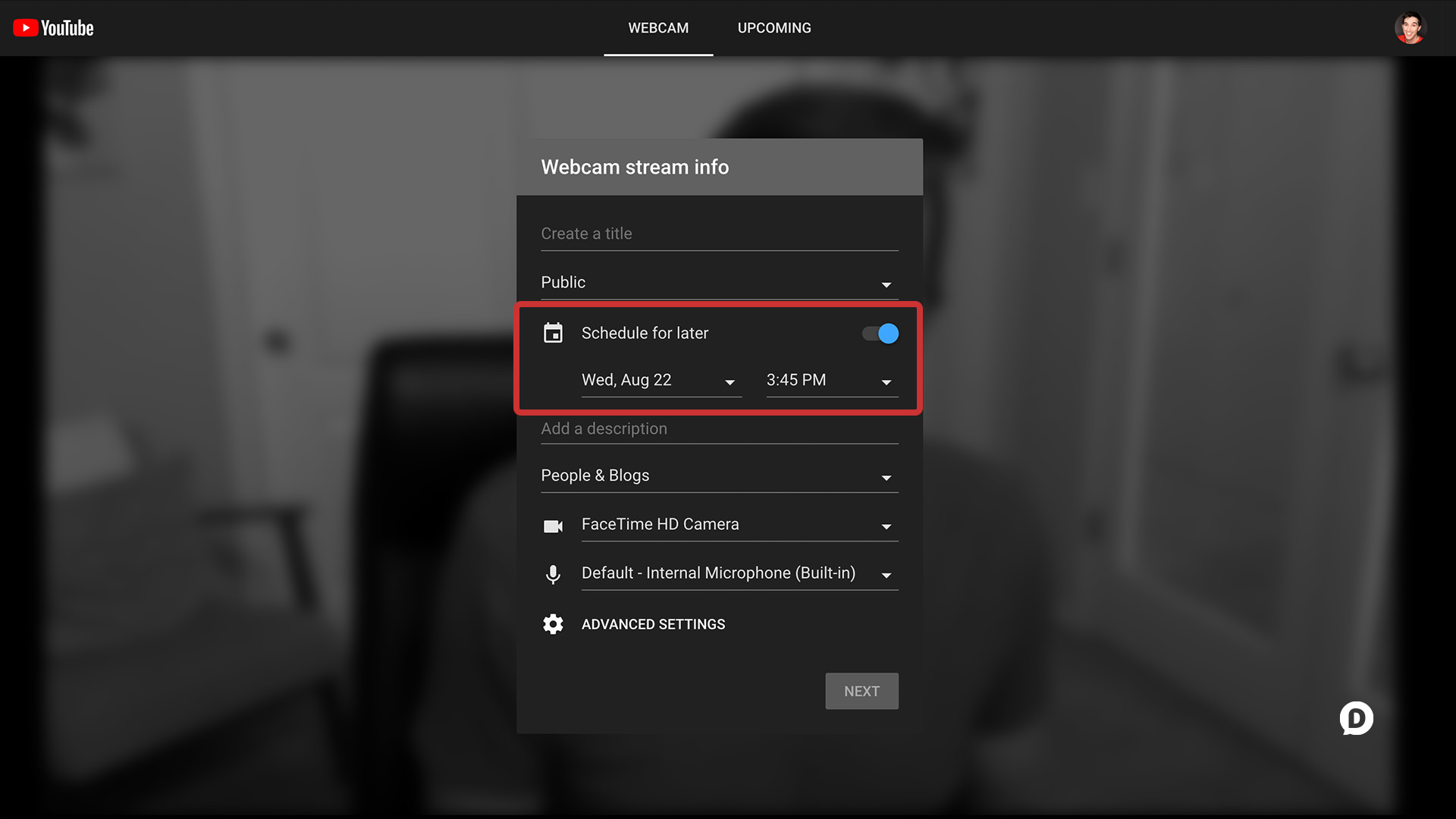 YouTube Live Streaming screenshot schedule option