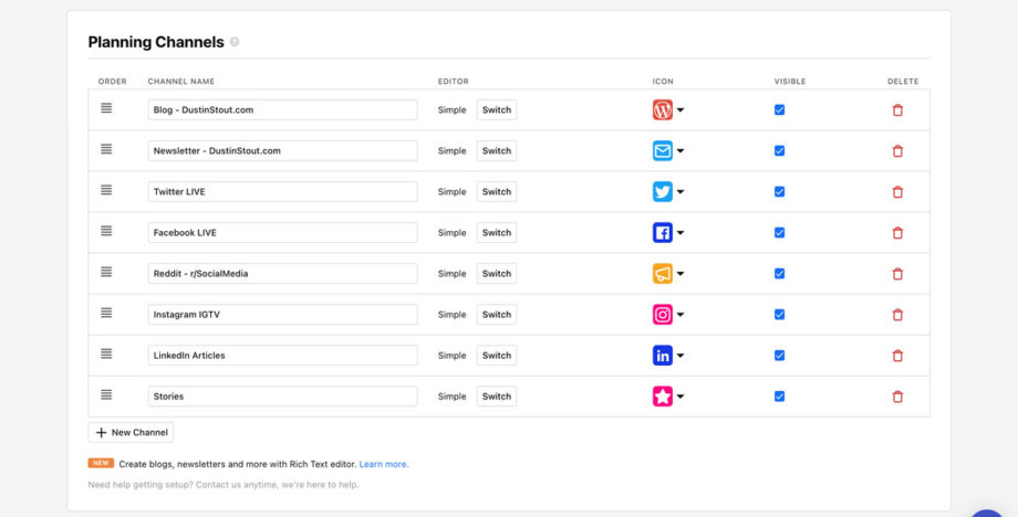 ContentCal planning channels screenshot
